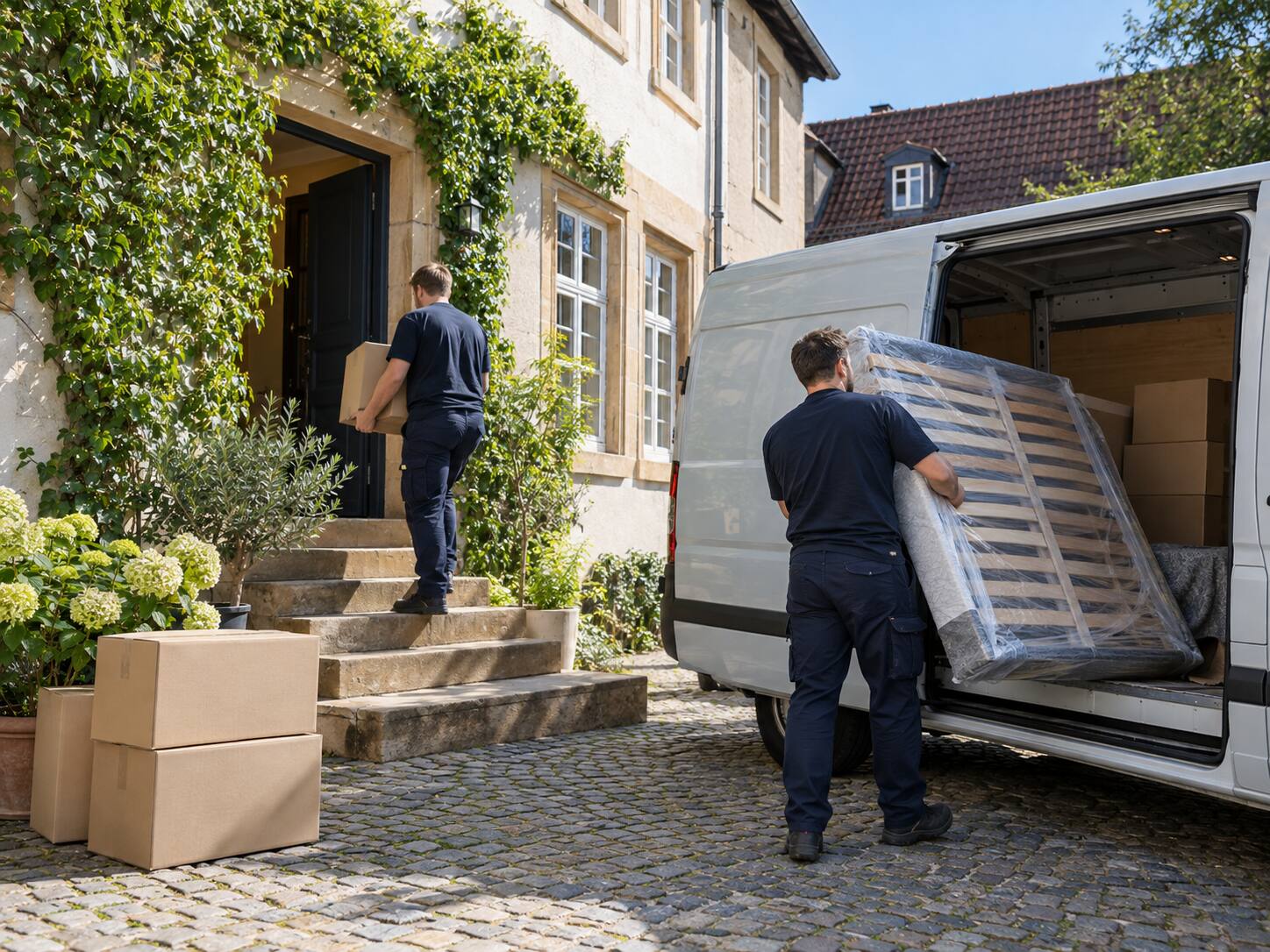 Räumung in Helmstedt: Mitarbeiter von C&U Entrümpelungen tragen Kartons und einen Lattenrost aus einem Altbau zum Transporter