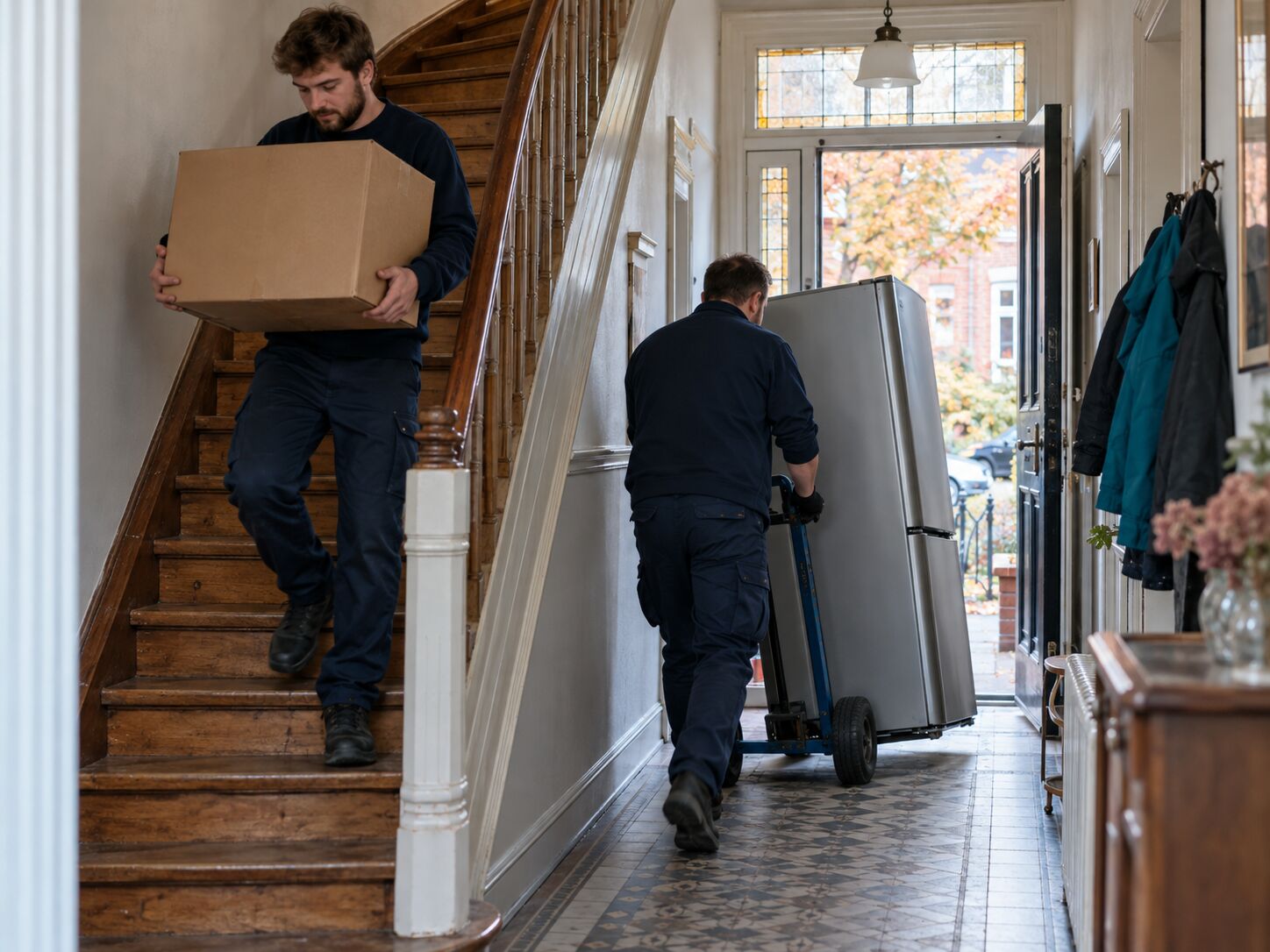 Haushaltsauflösung in Peine: Mitarbeiter von C&U Entrümpelungen tragen Kartons und einen Kühlschrank durch den Hausflur