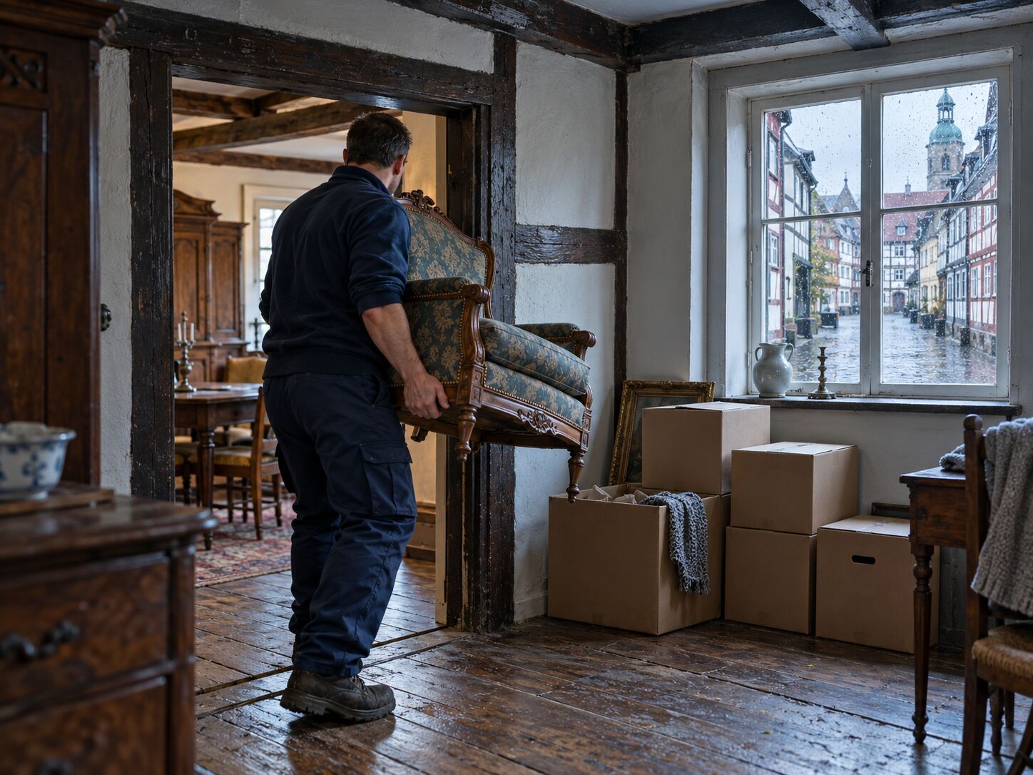 Mitarbeiter von C&U Entrümpelungen trägt einen Sessel aus einer Fachwerkwohnung in Wolfenbüttel, daneben gepackte Umzugskartons