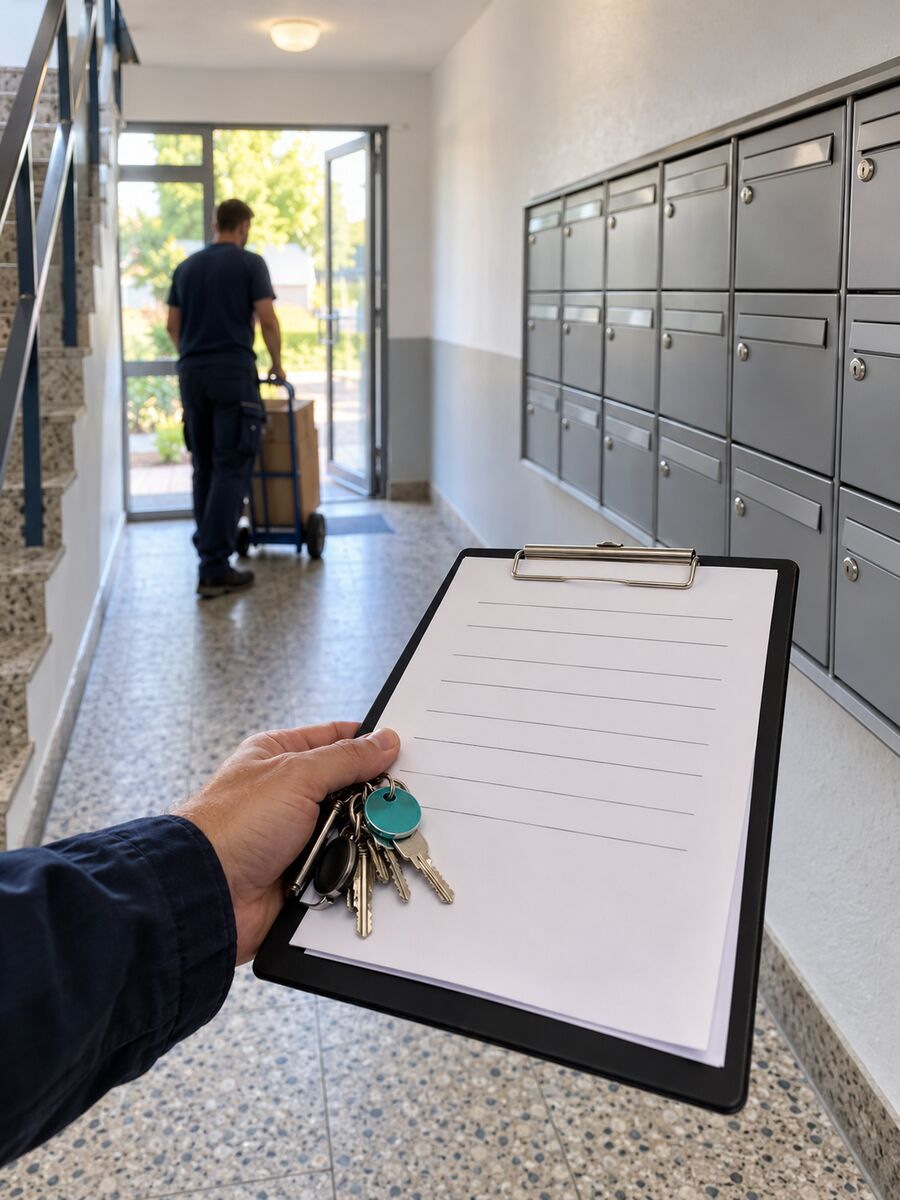Hausverwaltung mit Übergabeprotokoll und Schlüsselbund im Eingang eines Mehrfamilienhauses in Braunschweig
