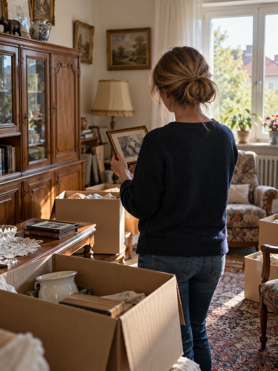 Angehörige hält ein gerahmtes Foto in der halb gepackten Wohnung der Eltern in Braunschweig